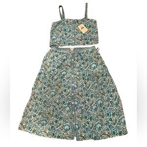 Rachel Zoe Floral Blue and Green Two-Piece Midi Skirt and Top set.